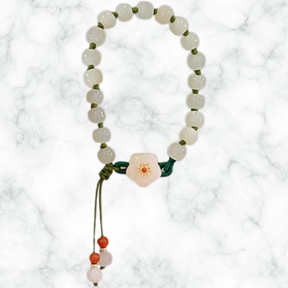 Adjustable Glass Peach Blossom Bracelet - Round Beaded Braided Flower Tassels
